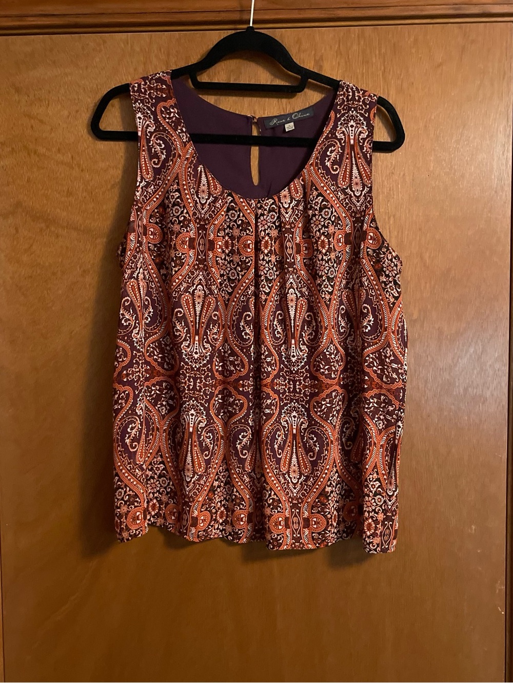 Rose and Olive Paisley Print Sleeveless Top in Rust and Maroon